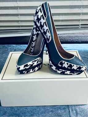 L.A.M.B. Black and White Houndstooth Platform Pumps